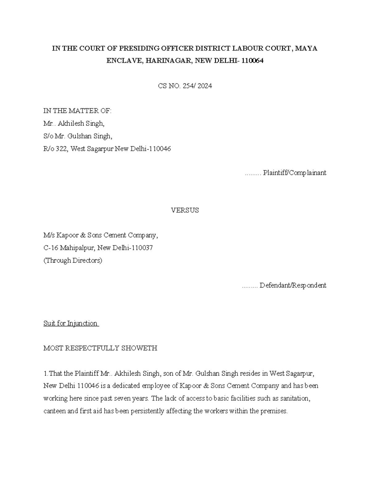 Drafting & Labour law PSDA - IN THE COURT OF PRESIDING OFFICER DISTRICT ...