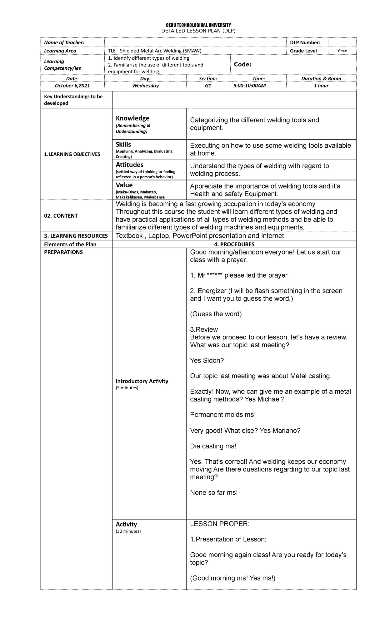 Lessonplan Able To Know How Dlp Looks Like And Hot To Make It Detailed Lesson Plan Dlp 2478