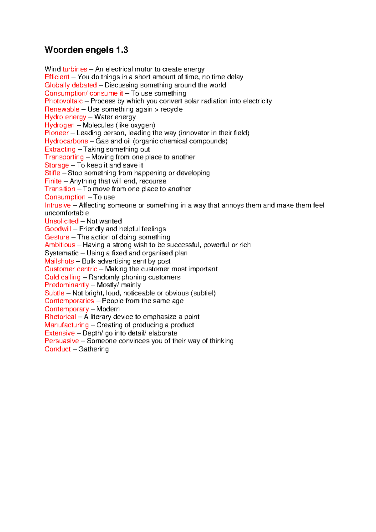 Engels 1.3 Begrippenlijst Woorden engels 1. Wind turbines An
