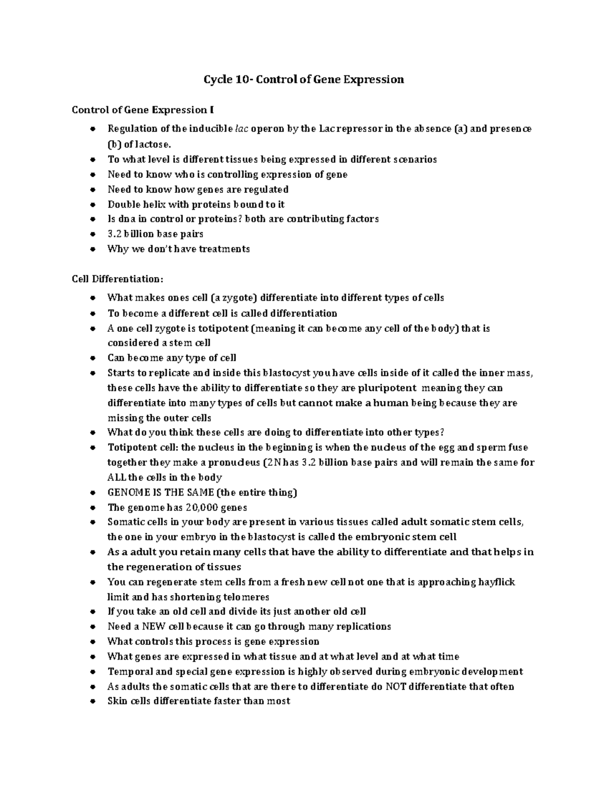 Biology Final Notes - Cycle 10- Control of Gene Expression Control of ...