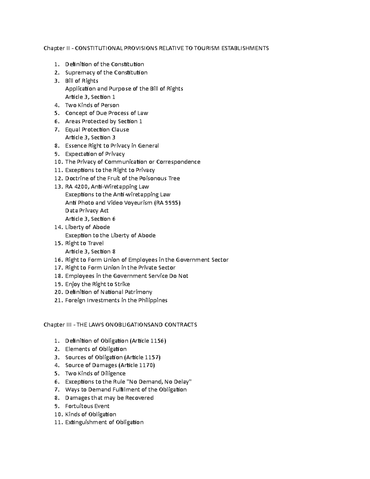 Legal aspect table on co tents - Chapter II - CONSTITUTIONAL PROVISIONS ...