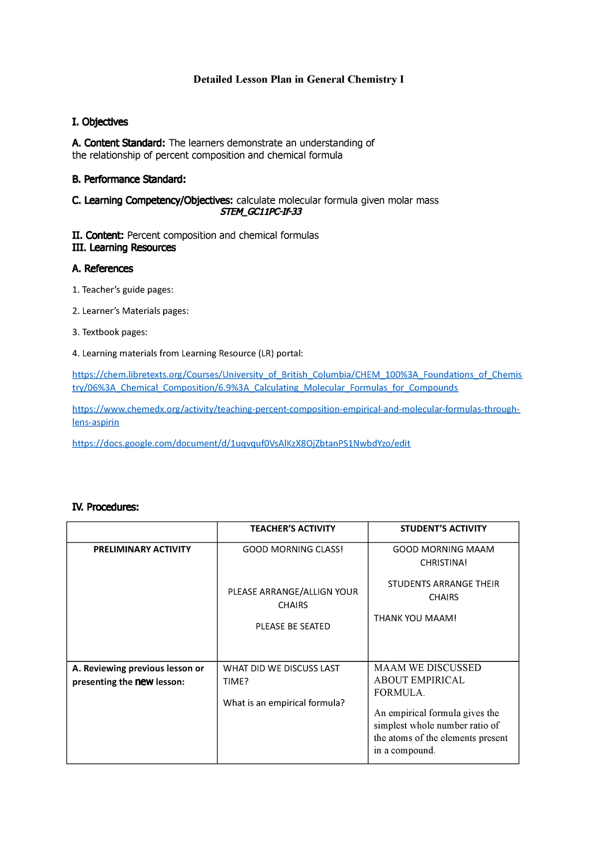 COT Genchem Molecular Formula - Detailed Lesson Plan in General ...