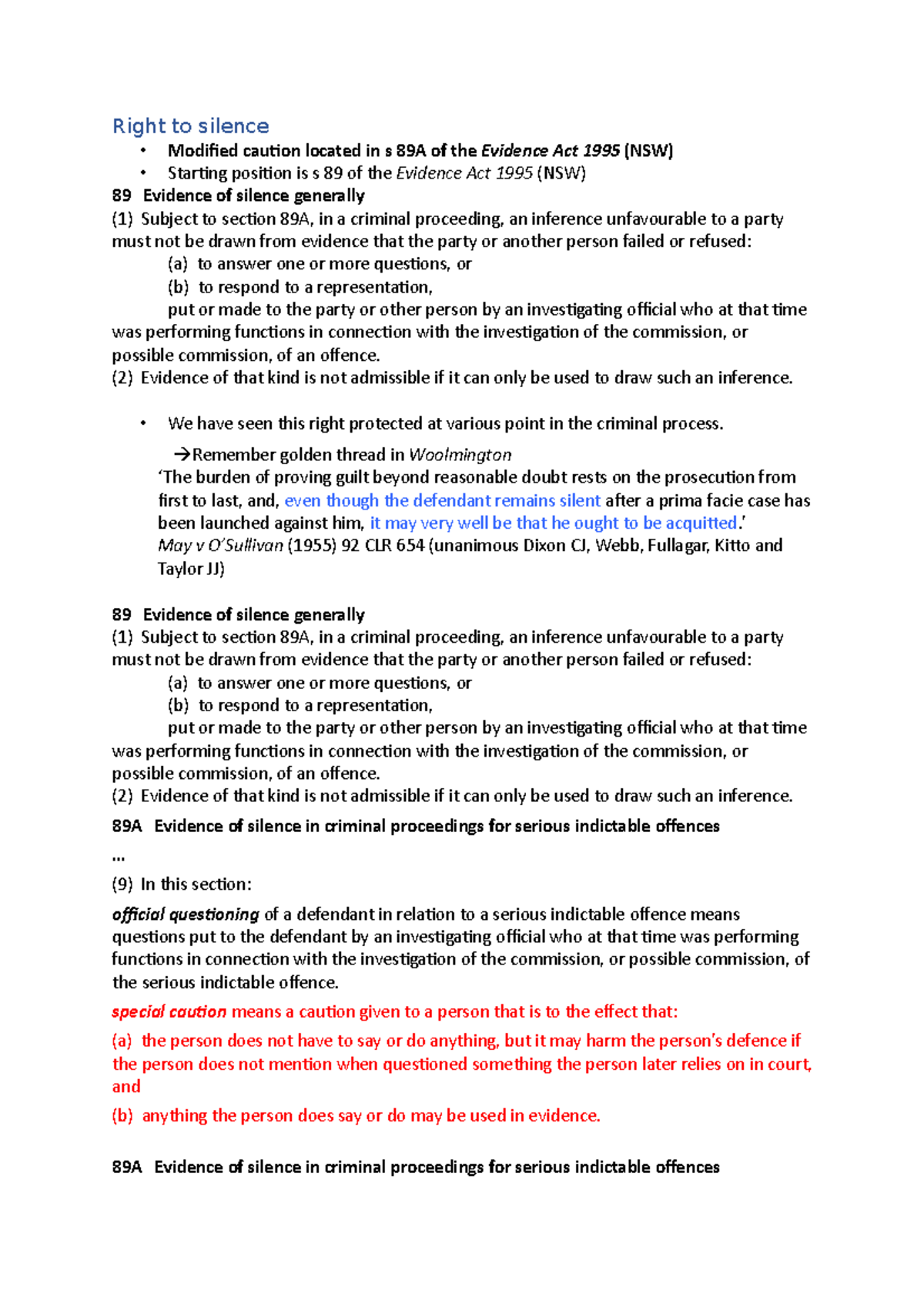 LAWS1206 W3 Lecture - Right to silence Modified caution located in s ...