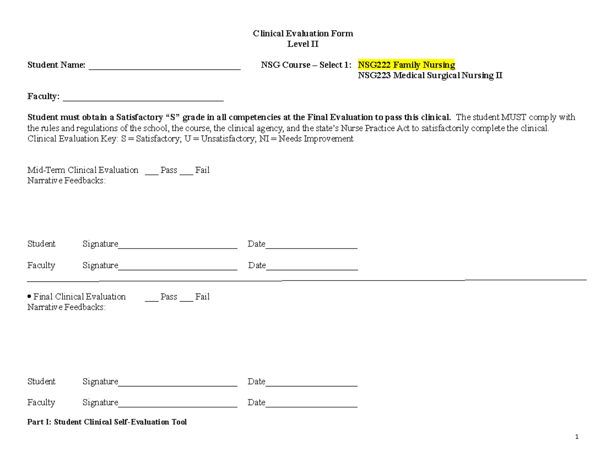 Mid-Term Clinical Evaluation Tool - NSG222 - Clinical Evaluation Form ...