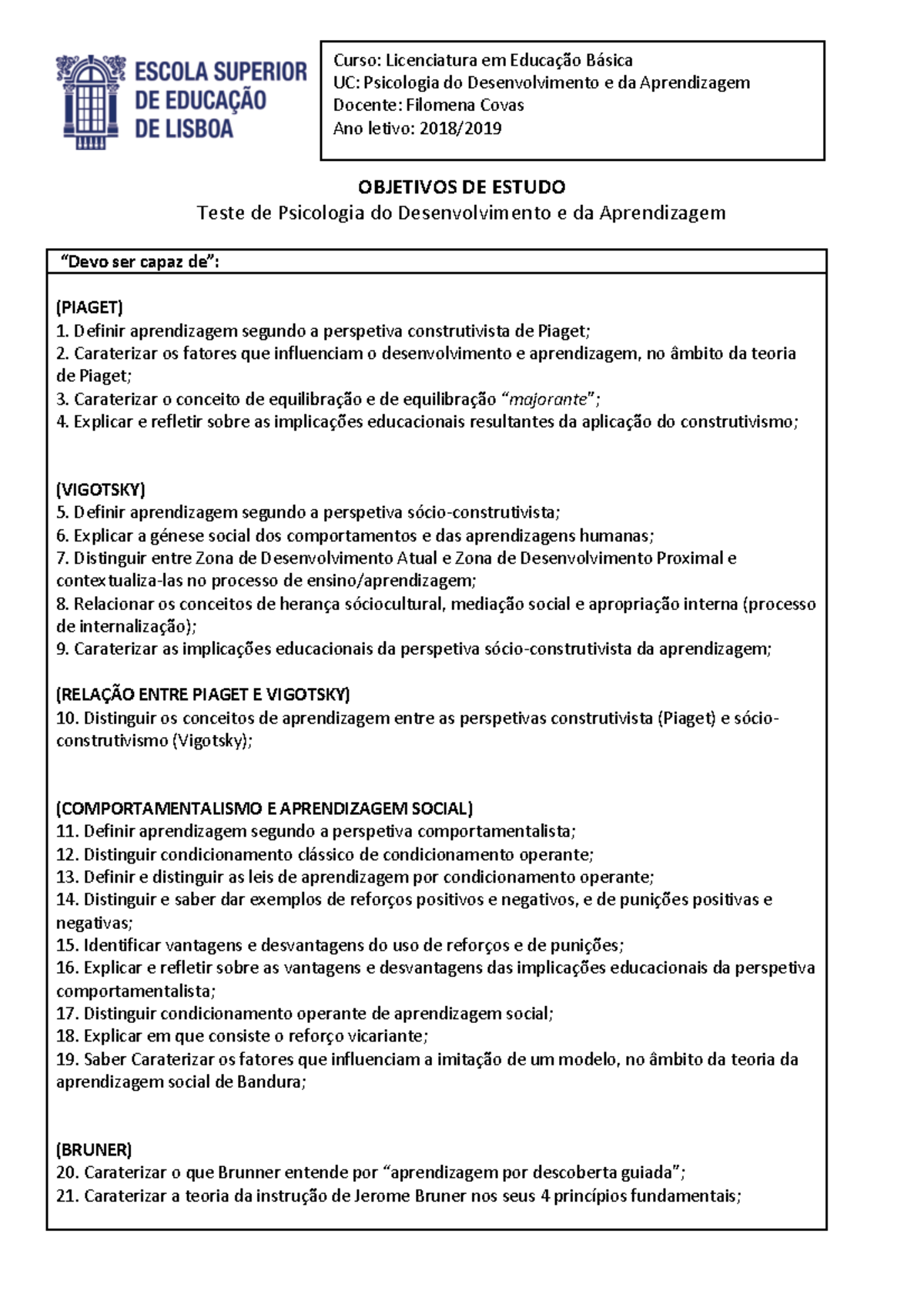 Objetivos de estudo - Psicologia do Desenvolvimento e da Aprendizagem ...
