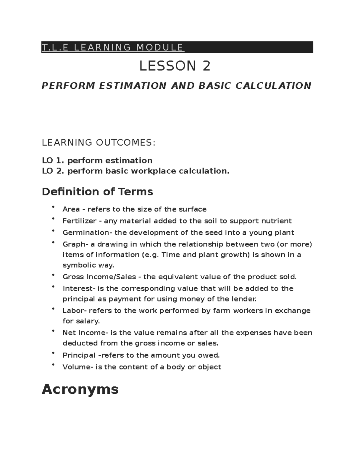 TLE 8 Lesson 2 - T. L. E L E A R N I N G M O D U L E LESSON 2 PERFORM ...