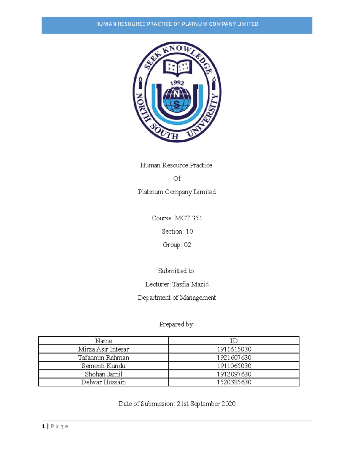 MGT-351 Final Report - Human Resource Practice Of Platinum Company ...