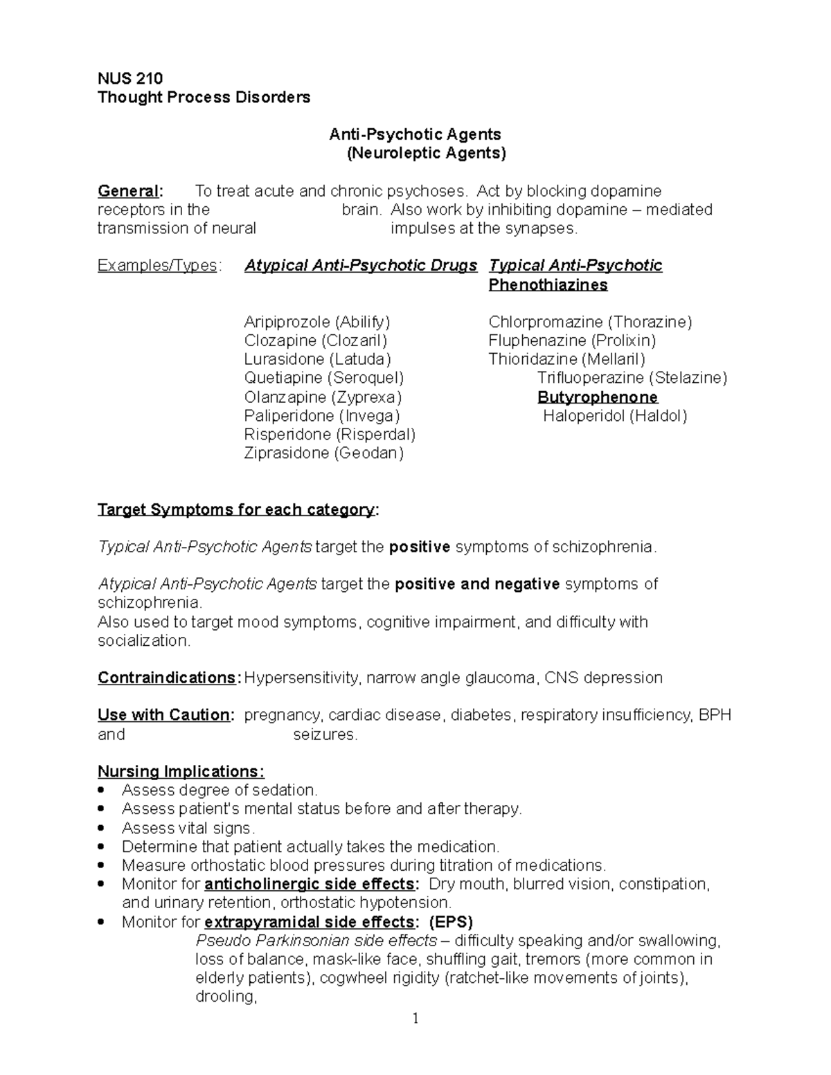 Unit A Anti-Psychotic Medication Sheets (2) - NUS 210 Thought Process ...