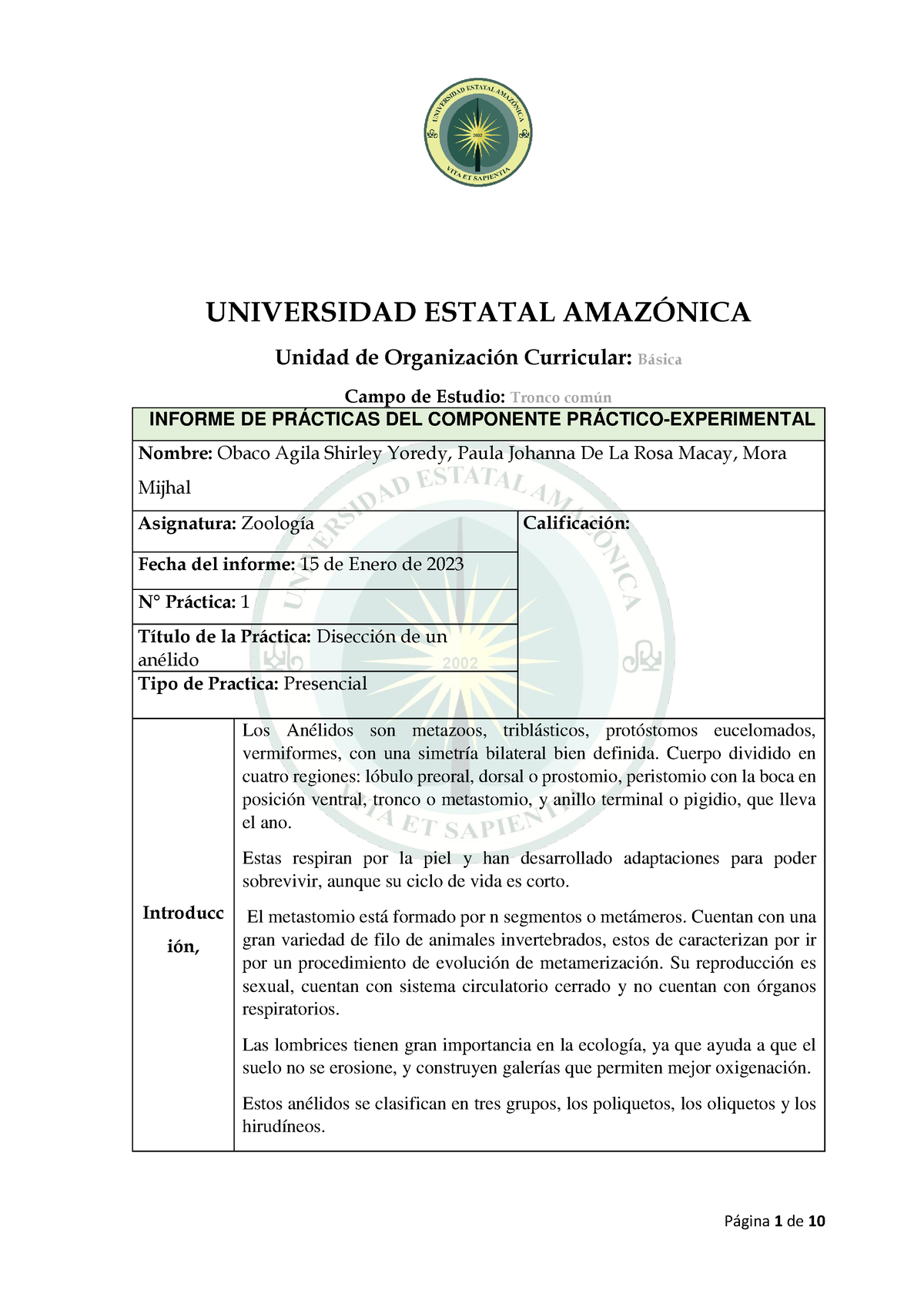 Guia Disecci N De Una Lombriz Universidad Estatal Amaz Nica