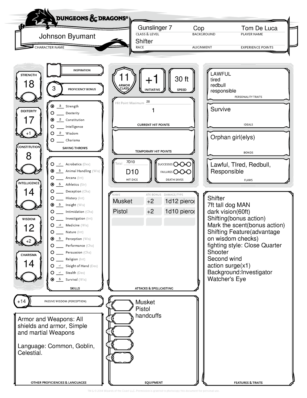 Fons S Character Sheet Copy - Race Class & Level Player Name Character 