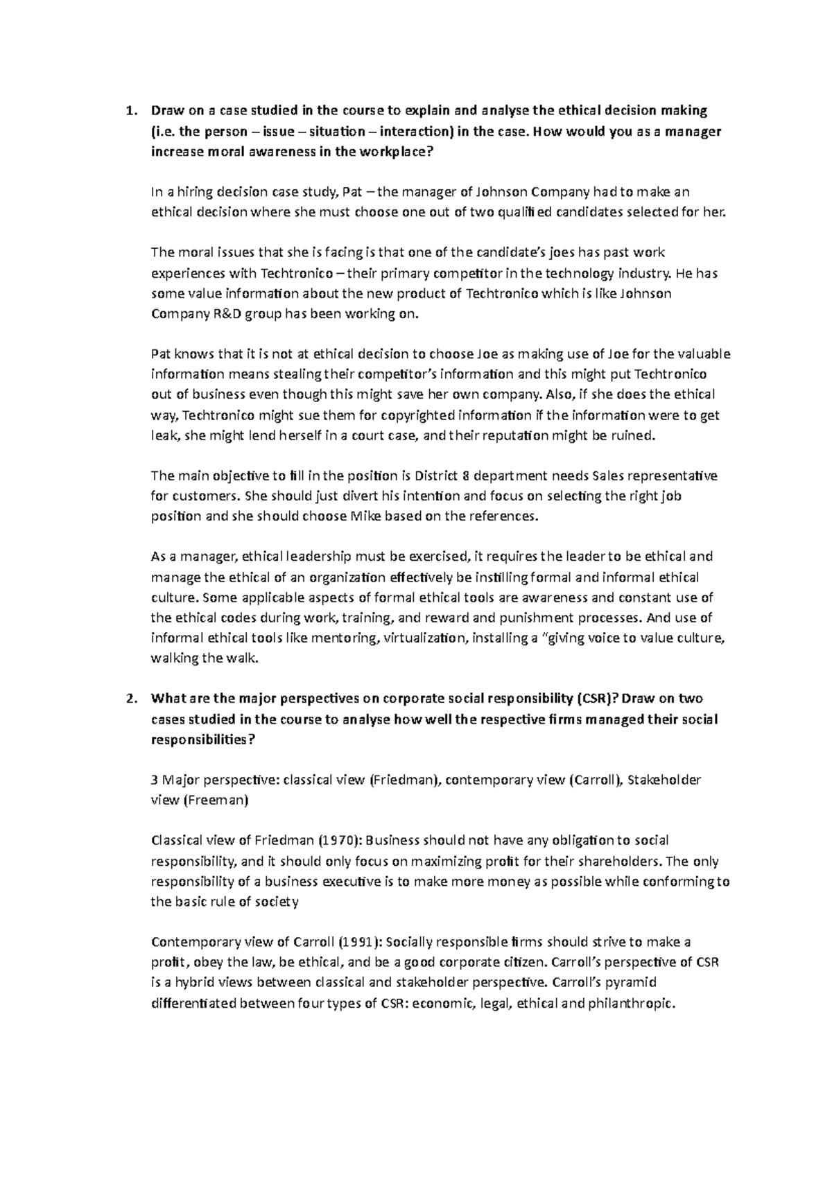 Sample/practice exam, questions - Draw on a case studied in the course ...