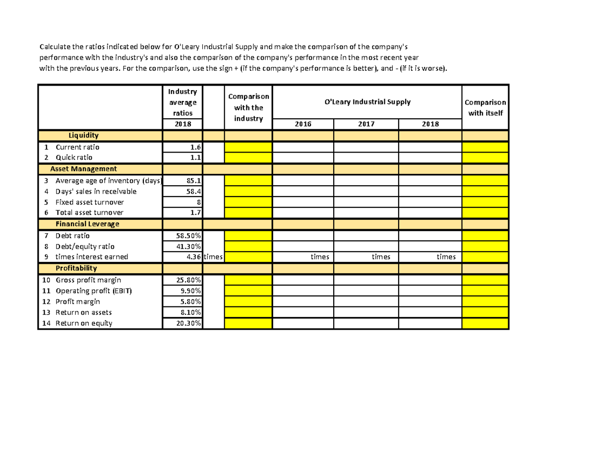 Chapter 3 O'leary Industrial Supply Exercise 2 - Calculate The Ratios 