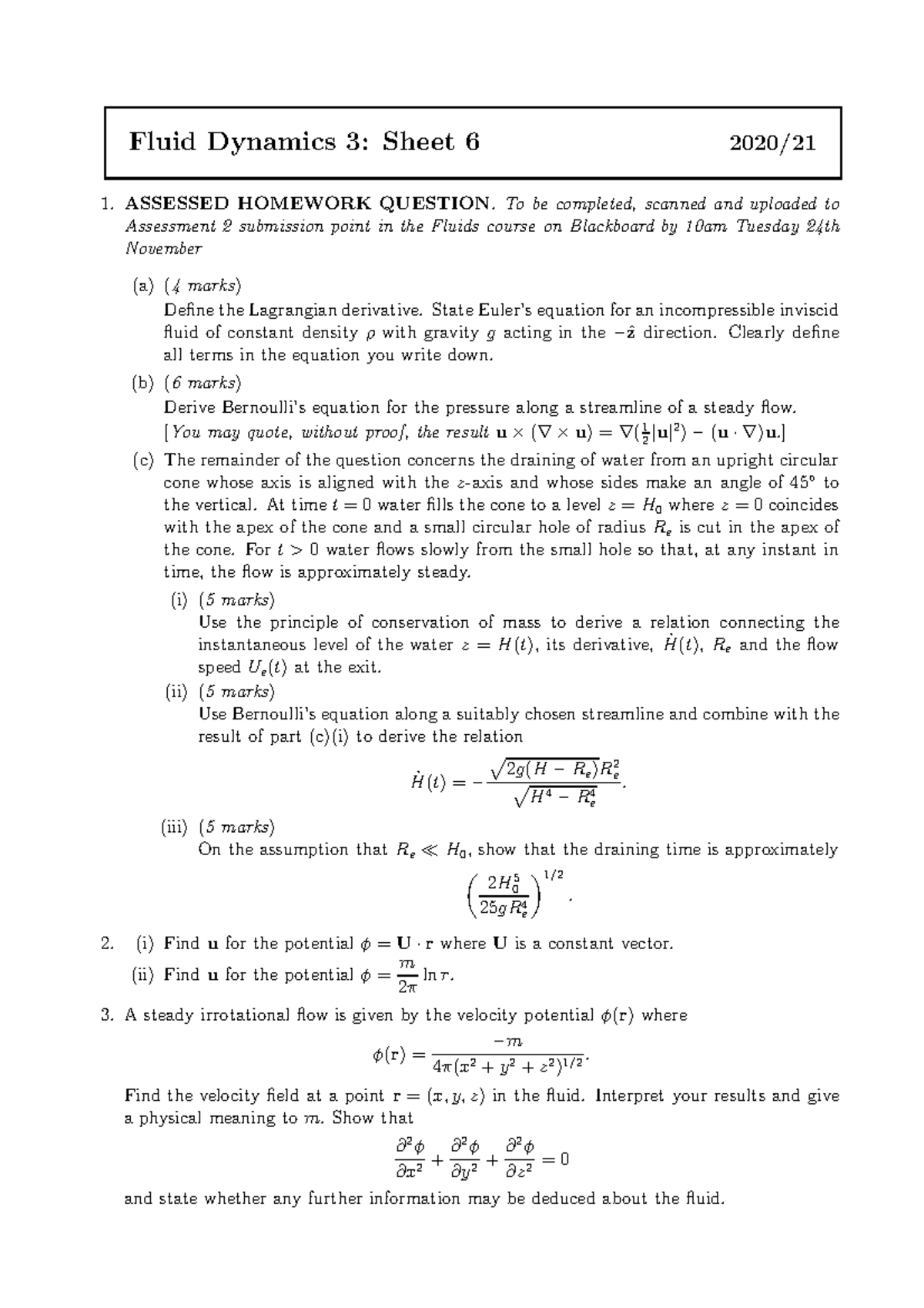 Fluid Dynamics worksheet 6 Fluid Dynamics 3 Sheet 6 2020/ ASSESSED