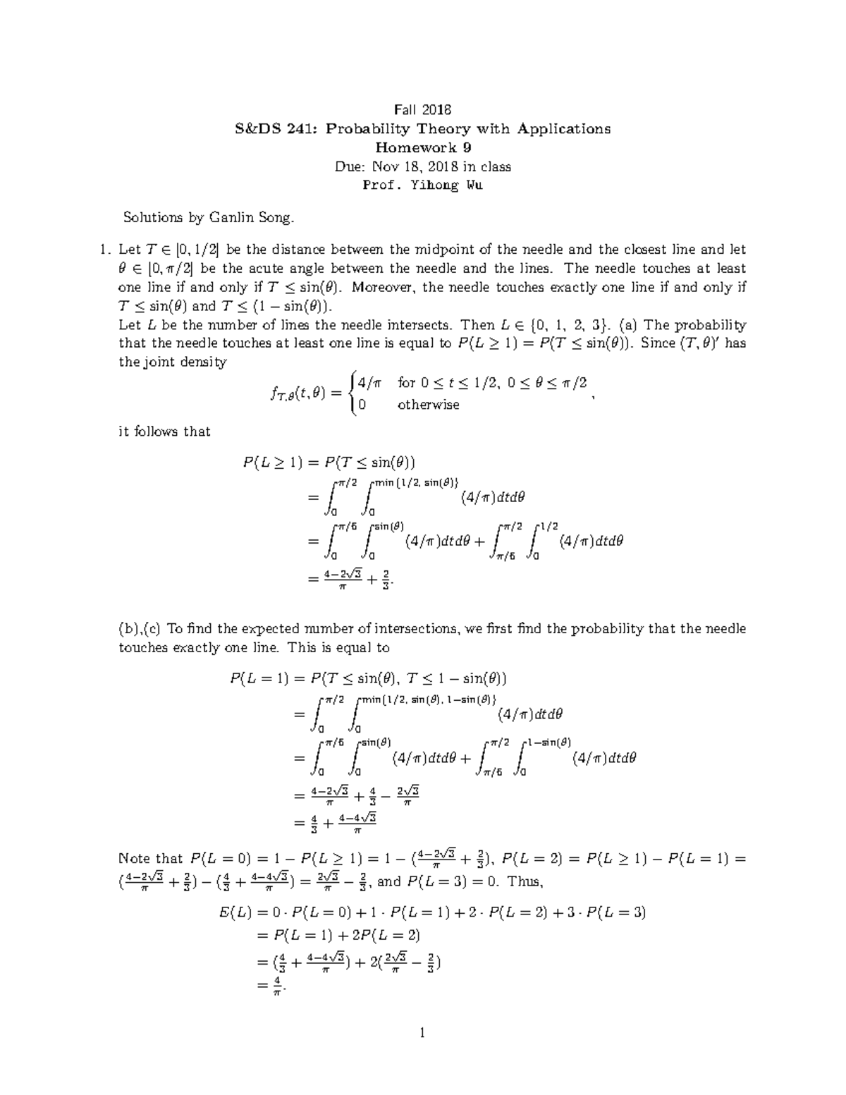 Hw9 solutions - hw9 solu - Fall 2018 S&DS 241: Probability Theory with ...