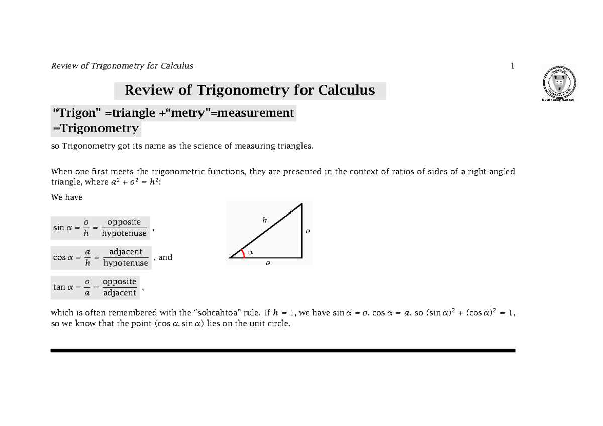 Trig Review - Review Of Trigonometry For Calculus ####### 1 N U Ive Rs ...