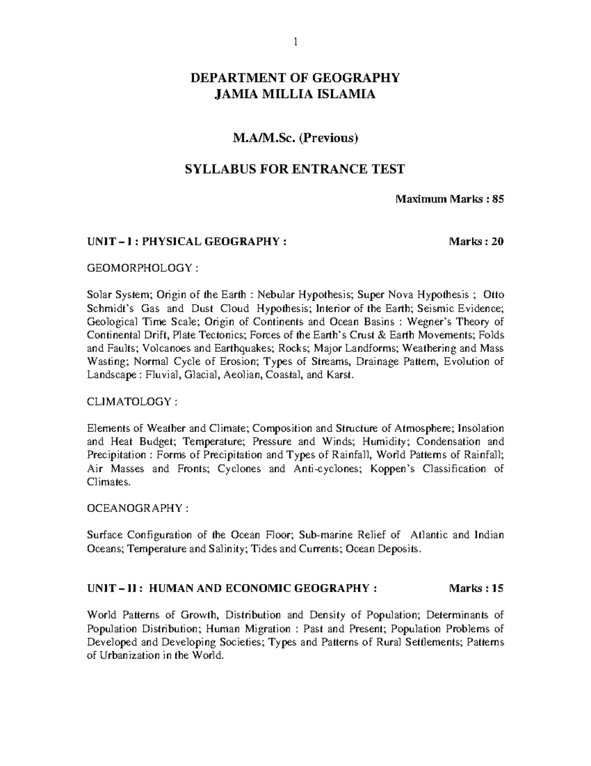 entrance paper geography 1 DEPARTMENT OF GEOGRAPHY JAMIA MILLIA