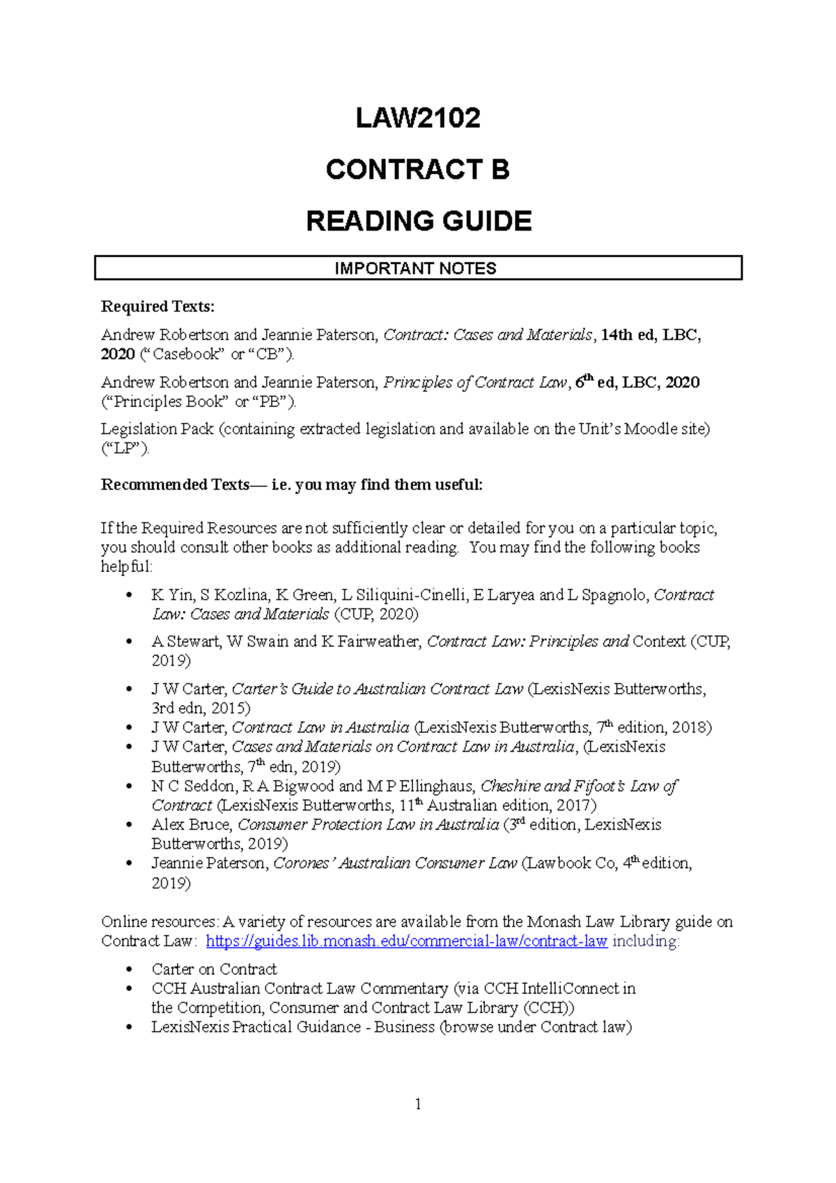 Contract B Reading Guide (updated S2 2021) - LAW CONTRACT B READING ...