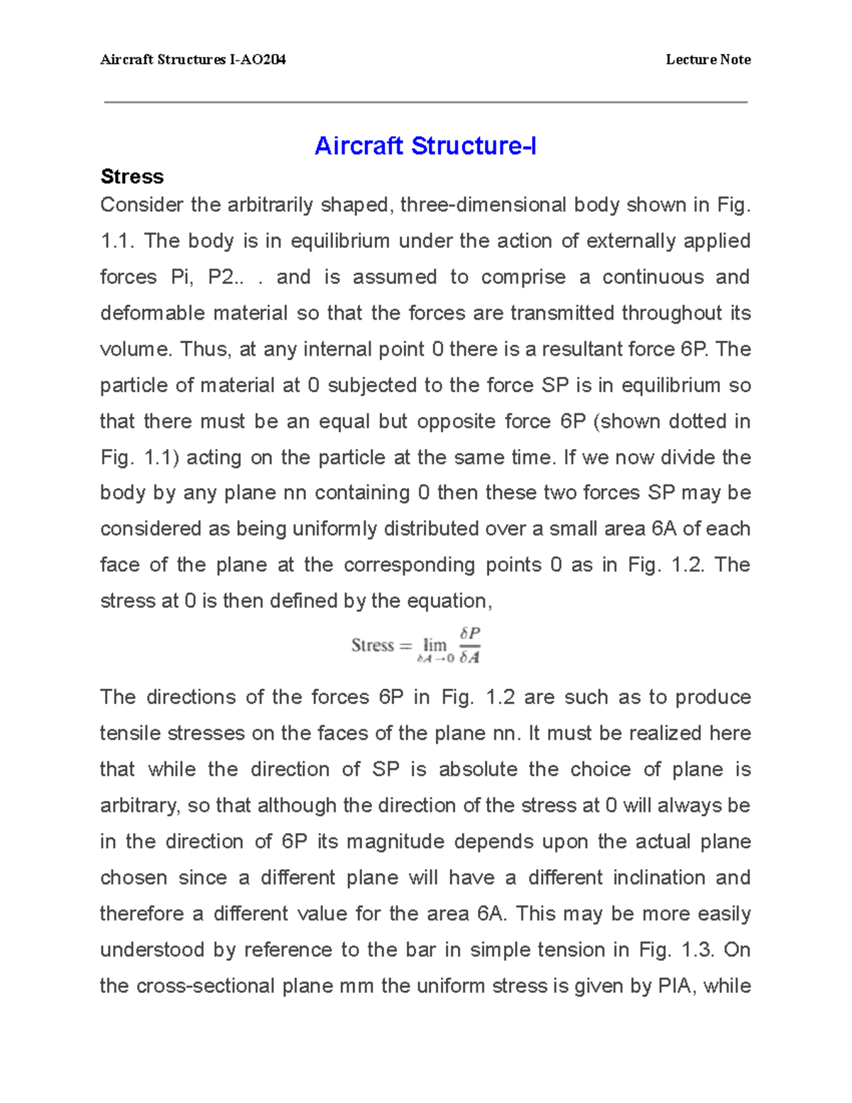 Aircraft Structures 1 Lecture note 1 - Aircraft Structure-I Stress ...