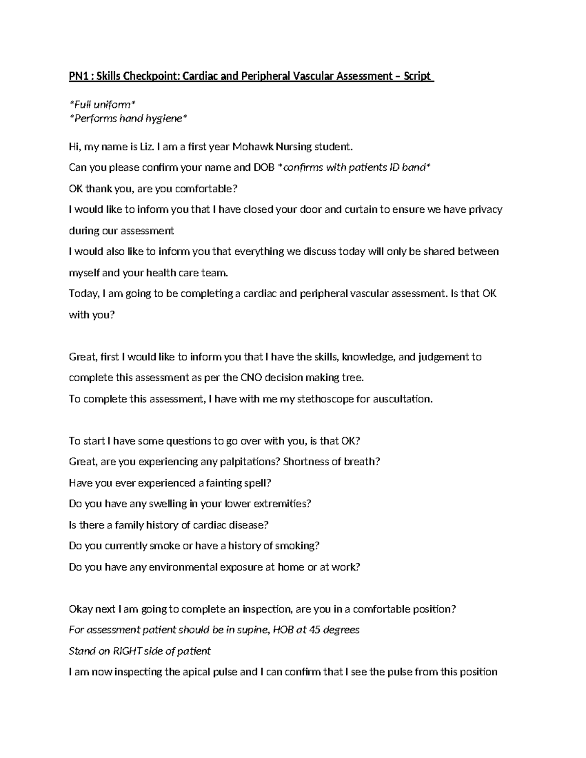 Cardiac and Peripheral Vascular Assessment Script - I am a first year ...