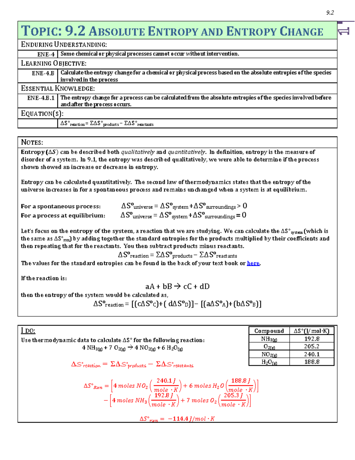 9.2 Absolute Entropy and Entropy Change Student - 9. TOPIC: 9. 2 ...