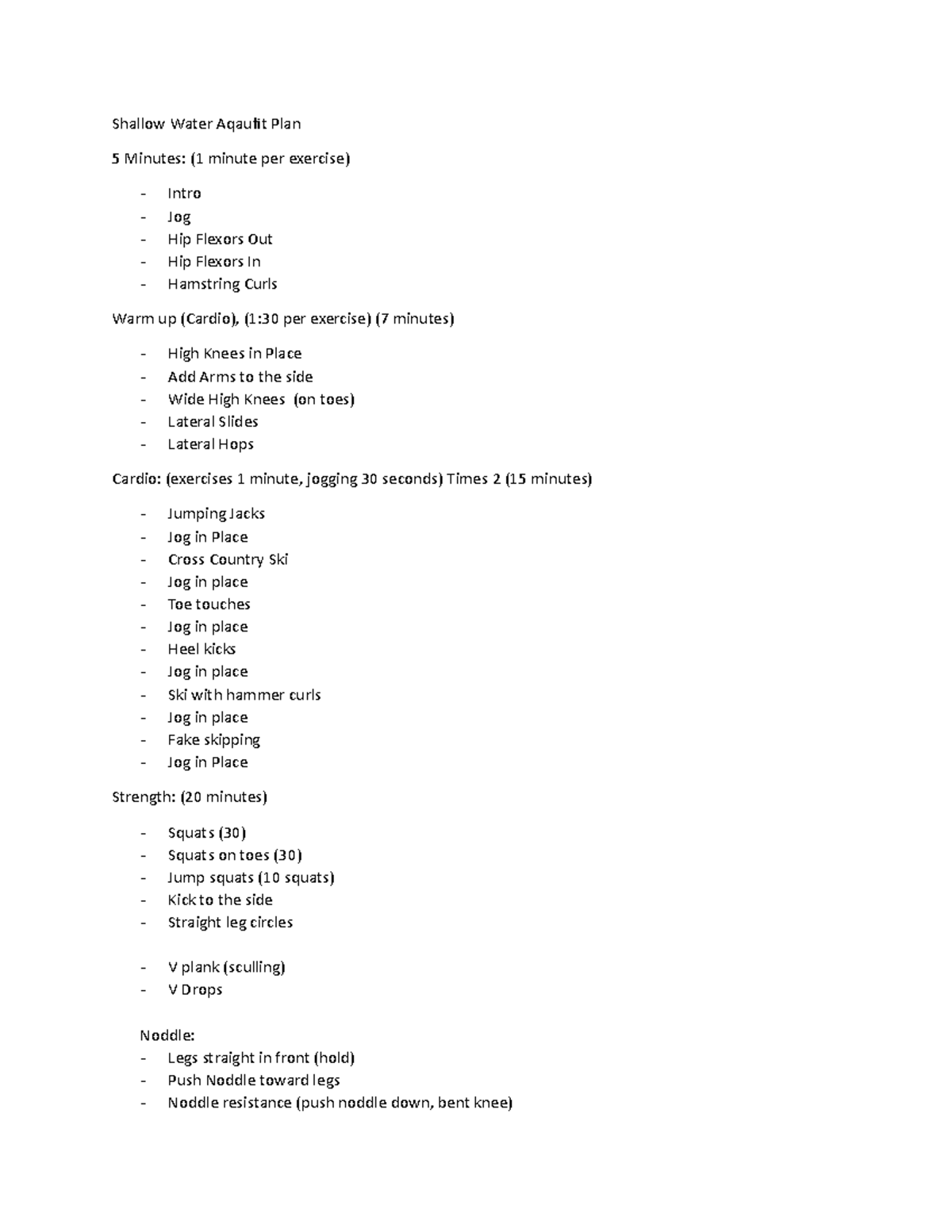 Aqaufit Shallow Water Lesson Plan 1 Shallow Water Aqaufit Plan 5 Minutes (1 minute per