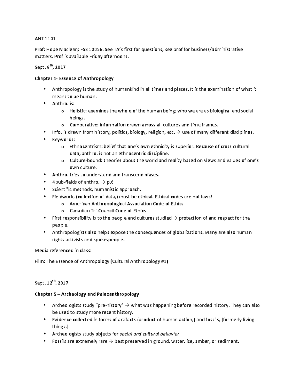 ANT notes ANT Prof Hope Maclean; FSS 10056. See TA’s first for questions, see prof for Studocu