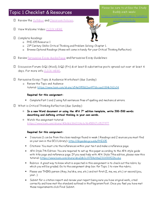 Topic 4 Checklist for each week of class - Topic 4 Checklist ...