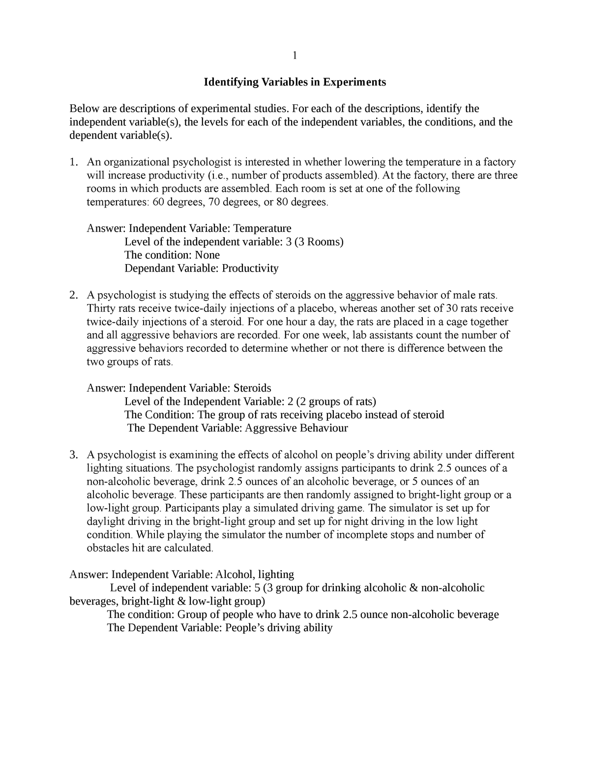 Identifying Independent And Dependent Variables Worksheet PSY 101L 1 Identifying Variables In 