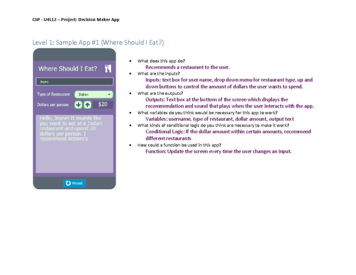 CSP - U4L12 (Levels 1 and 2) - Project Decision Maker App - CSP - U4L12 ...