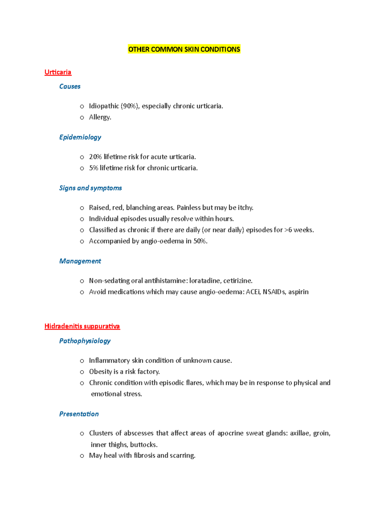 Common Skin Conditions - OTHER COMMON SKIN CONDITIONS Urticaria Causes ...