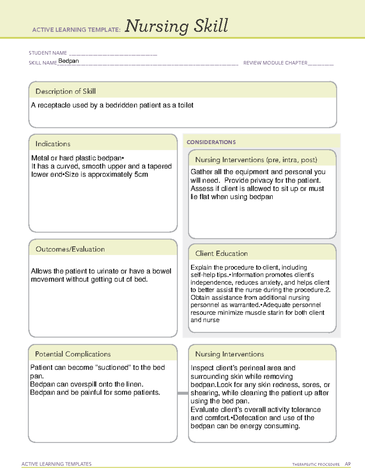 ATI Bedpan Skills Sheet - ACTIVE LEARNING TEMPLATES THERAPEUTIC ...