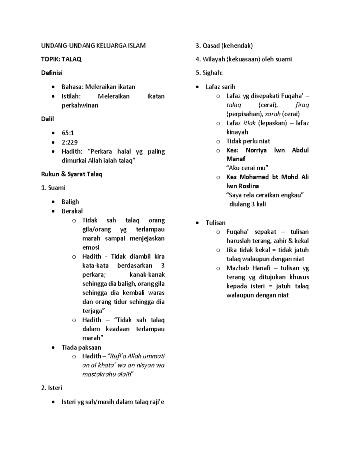 Talaq Fasakh Keluarga Islam 3 Qasad Kehendak Topik Talaq 4 Wilayah Kekuasaan Oleh Suami Studocu
