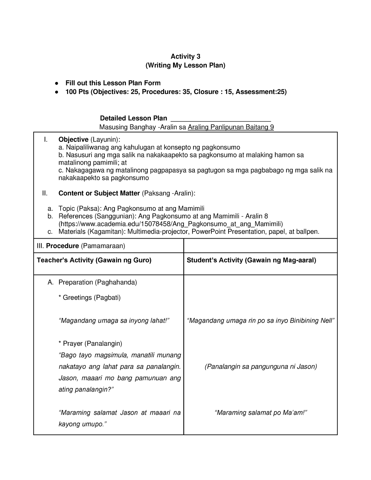 Detailed Lesson Plan Araling Panlipunan Activity 3 Writing My Lesson Plan Fill Out This 4004