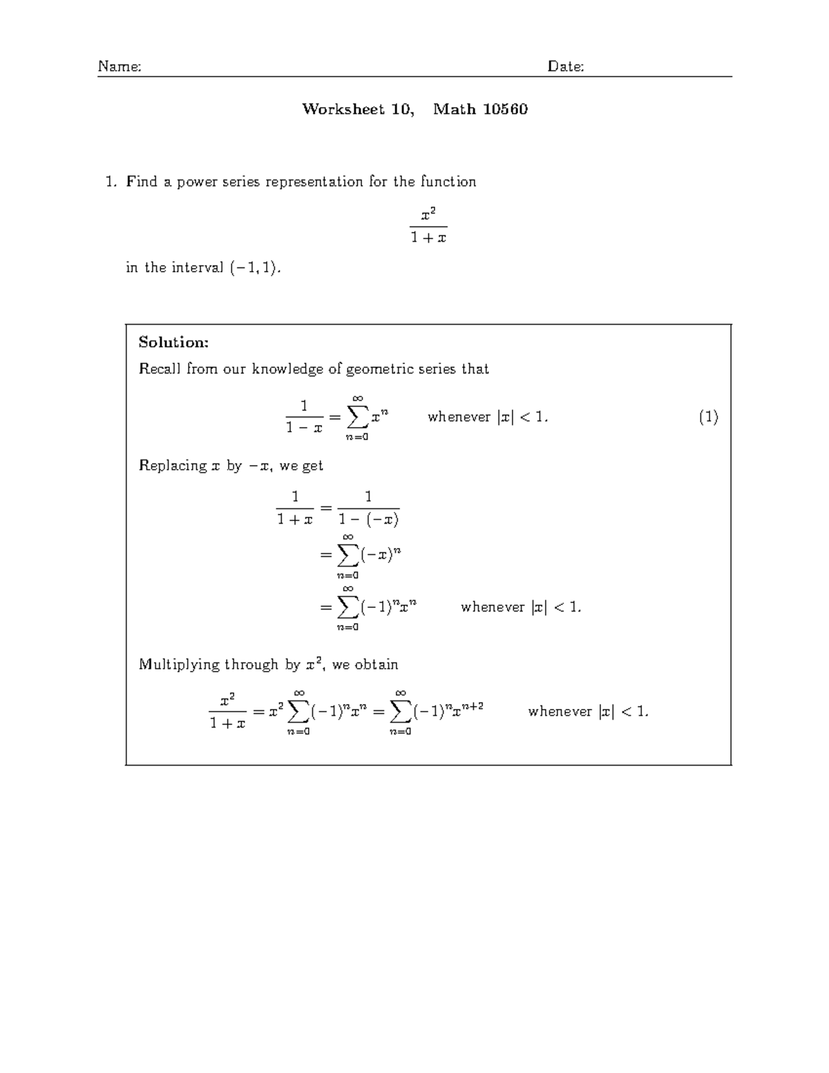 Worksheet 10 solutions - Name: Date: Worksheet 10, Math 10560 1. Find a ...