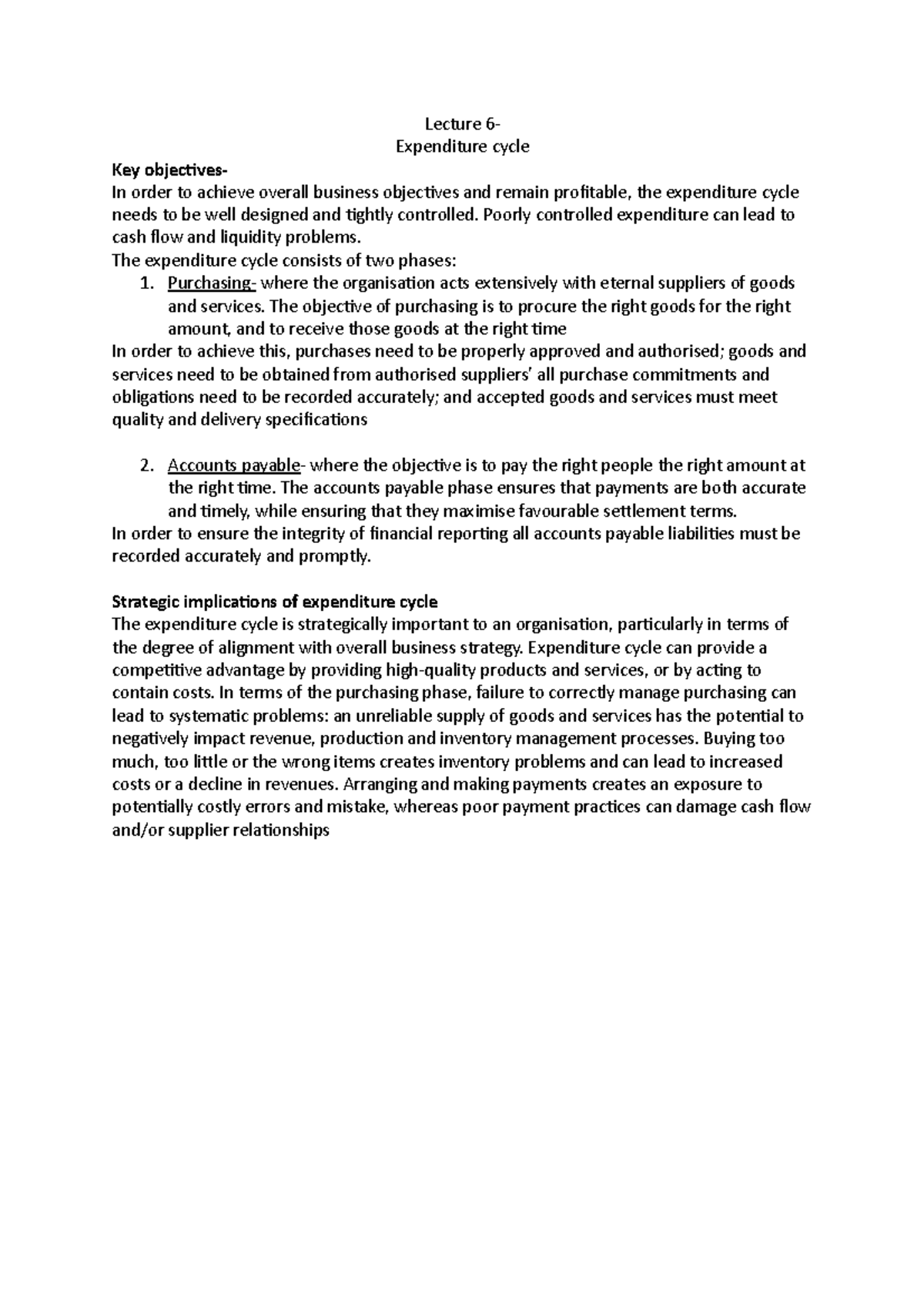 Lecture 6 - n/a - Lecture 6- Expenditure cycle Key objectives- In order ...