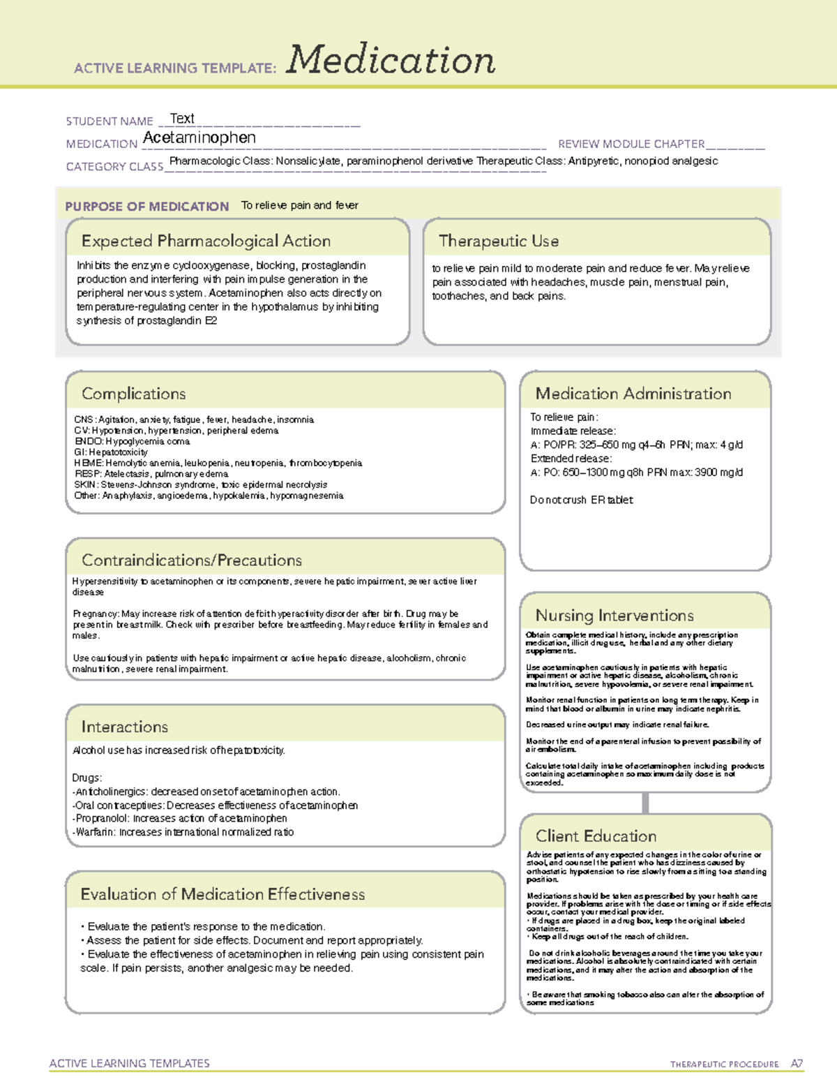 Acetaminophen - med sheet - ACTIVE LEARNING TEMPLATES THERAPEUTIC ...