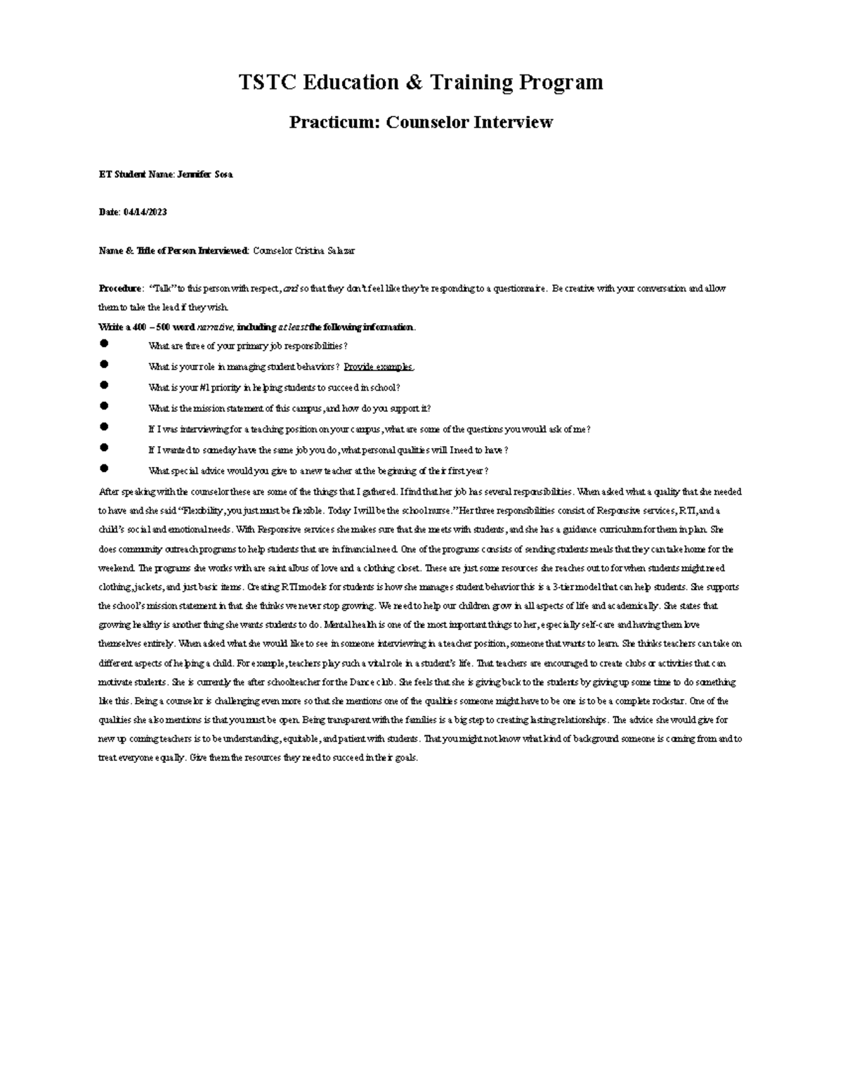 Counselor Interview - Education Systems. - TSTC Education & Training ...