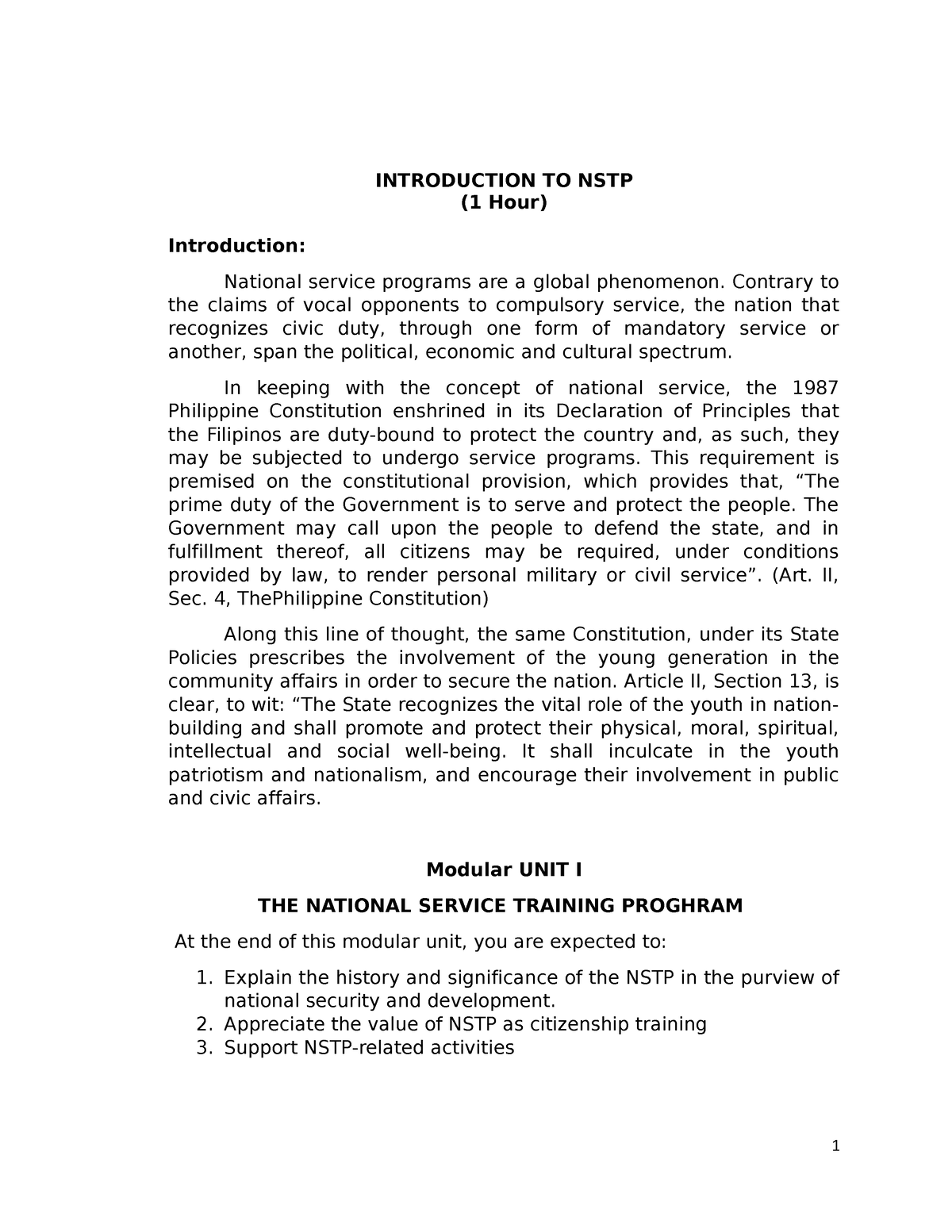 NSTP-Module-1 - Hope This Will Help - INTRODUCTION TO NSTP (1 Hour) Introduction: National ...