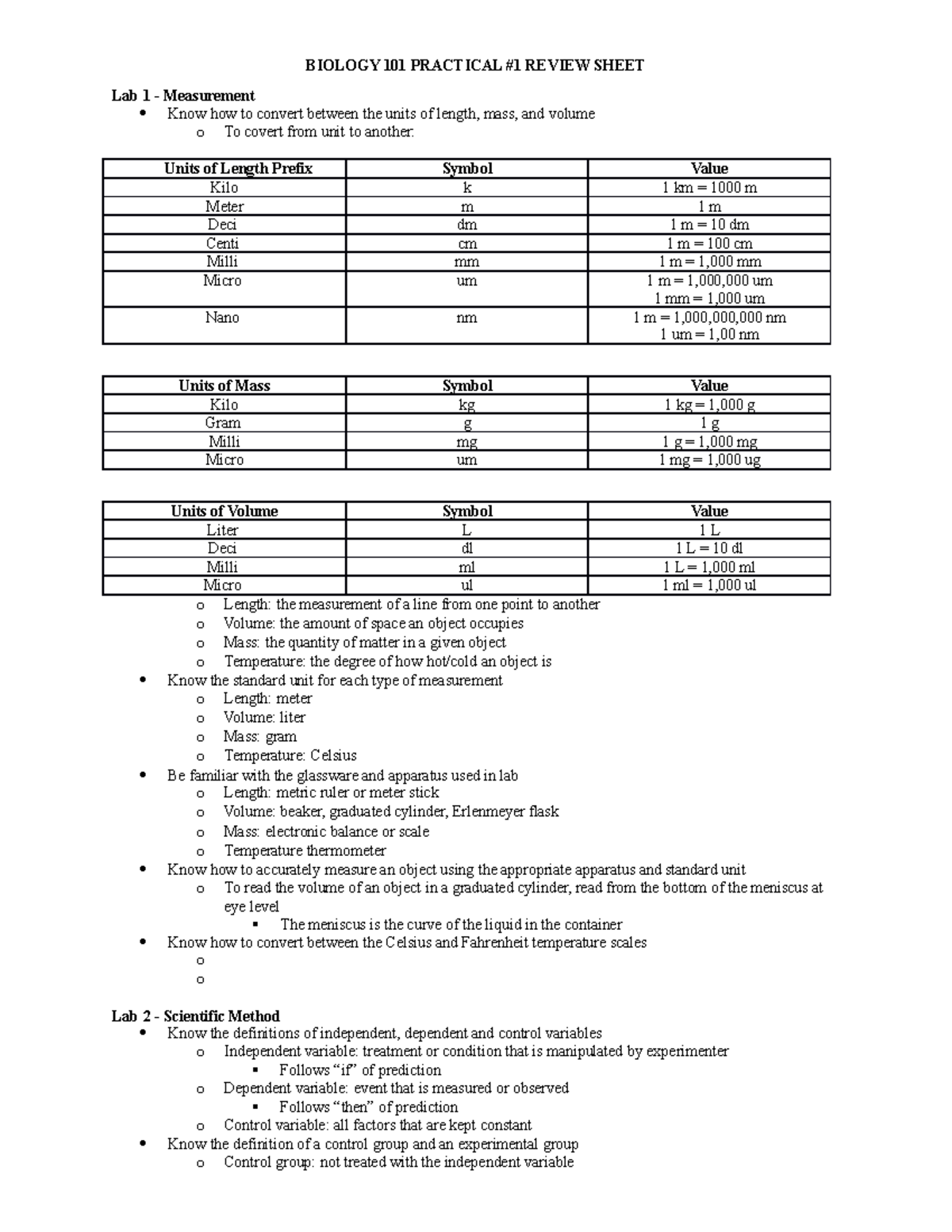 Lab Practical 1 Study Guide - BIOLOGY 101 PRACTICAL #1 REVIEW SHEET Lab ...