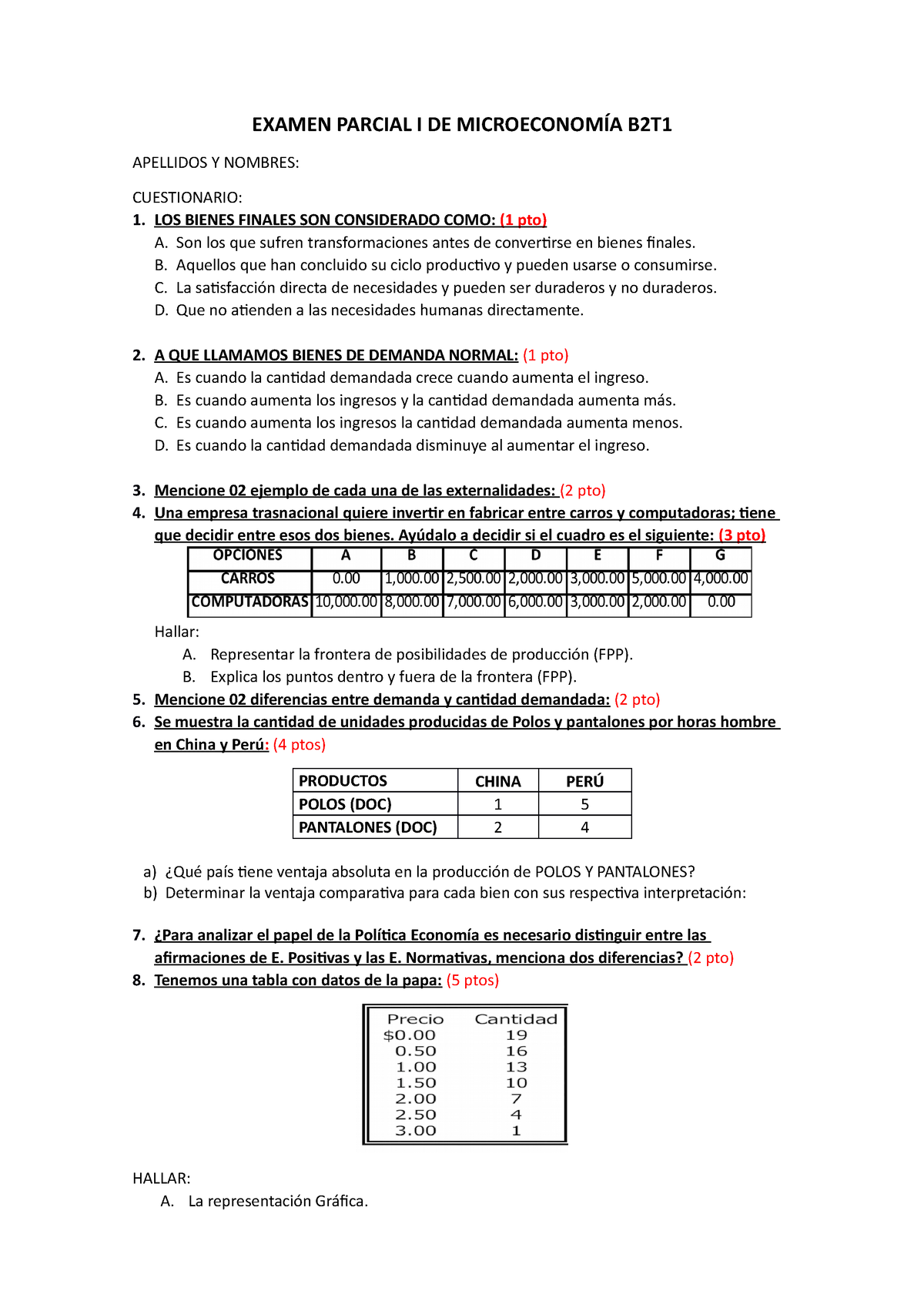 Examen Parcial I DE Microeconomia A - EXAMEN PARCIAL I DE MICROECONOMÍA ...