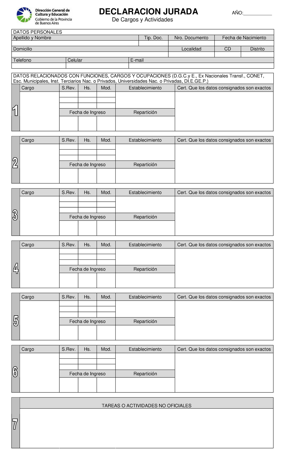 Declaracion Jurada De Cargos Y Actividades Declaracion Jurada AÑo