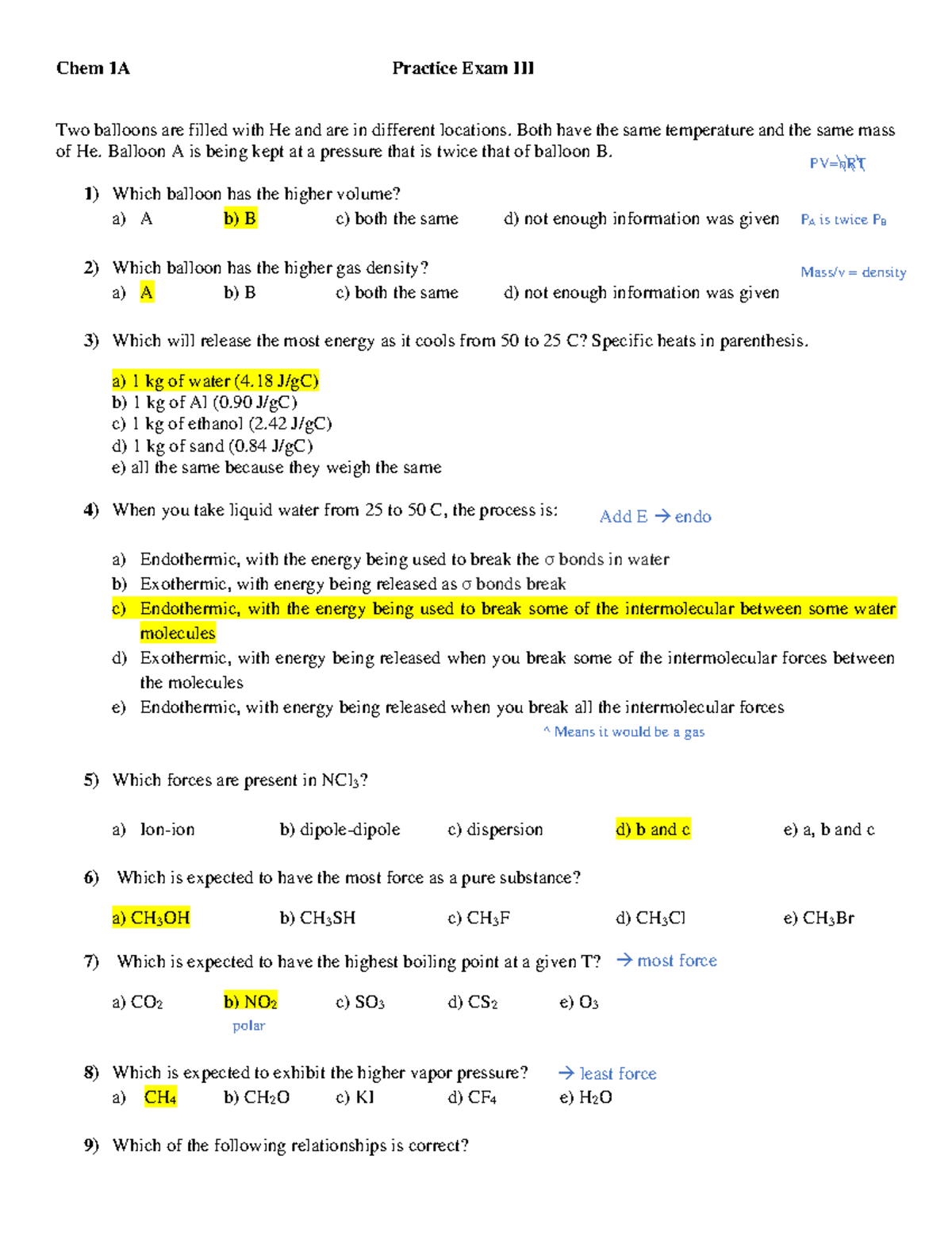 Chem 1A Practice Exam and answers - Chem 1A Practice Exam III Two ...