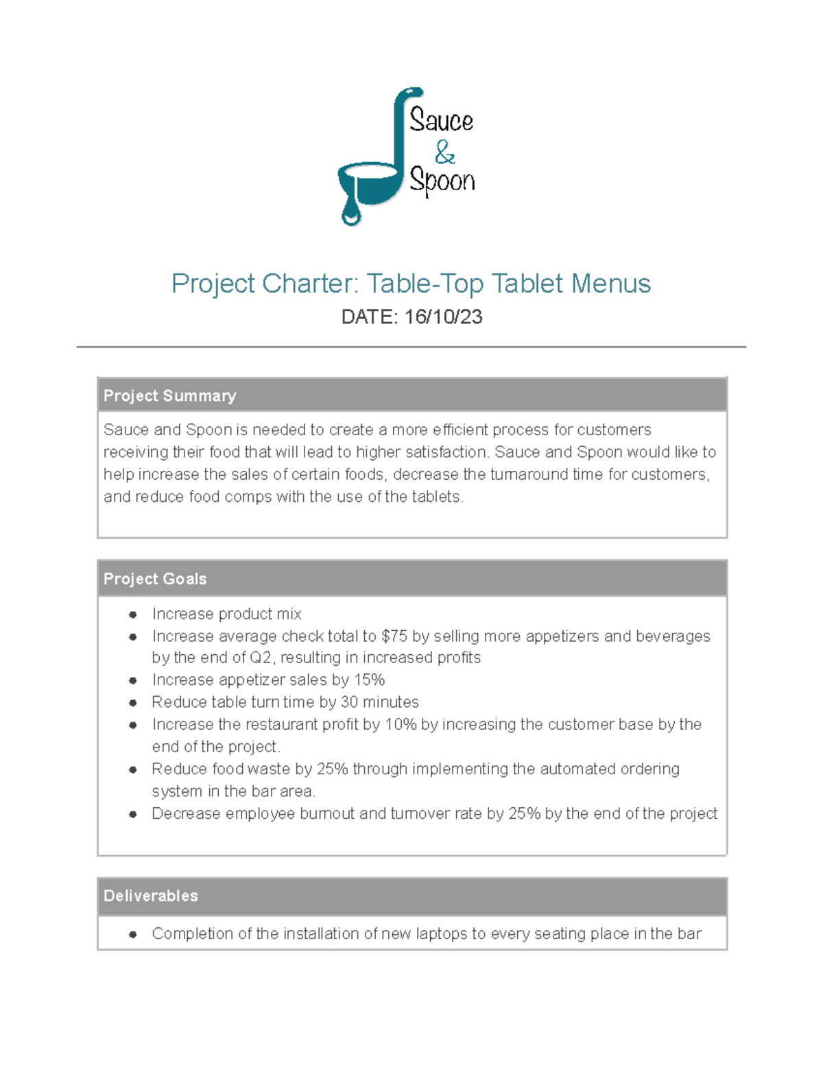 Activity Template Project Charter - Project Charter: Table-Top Tablet