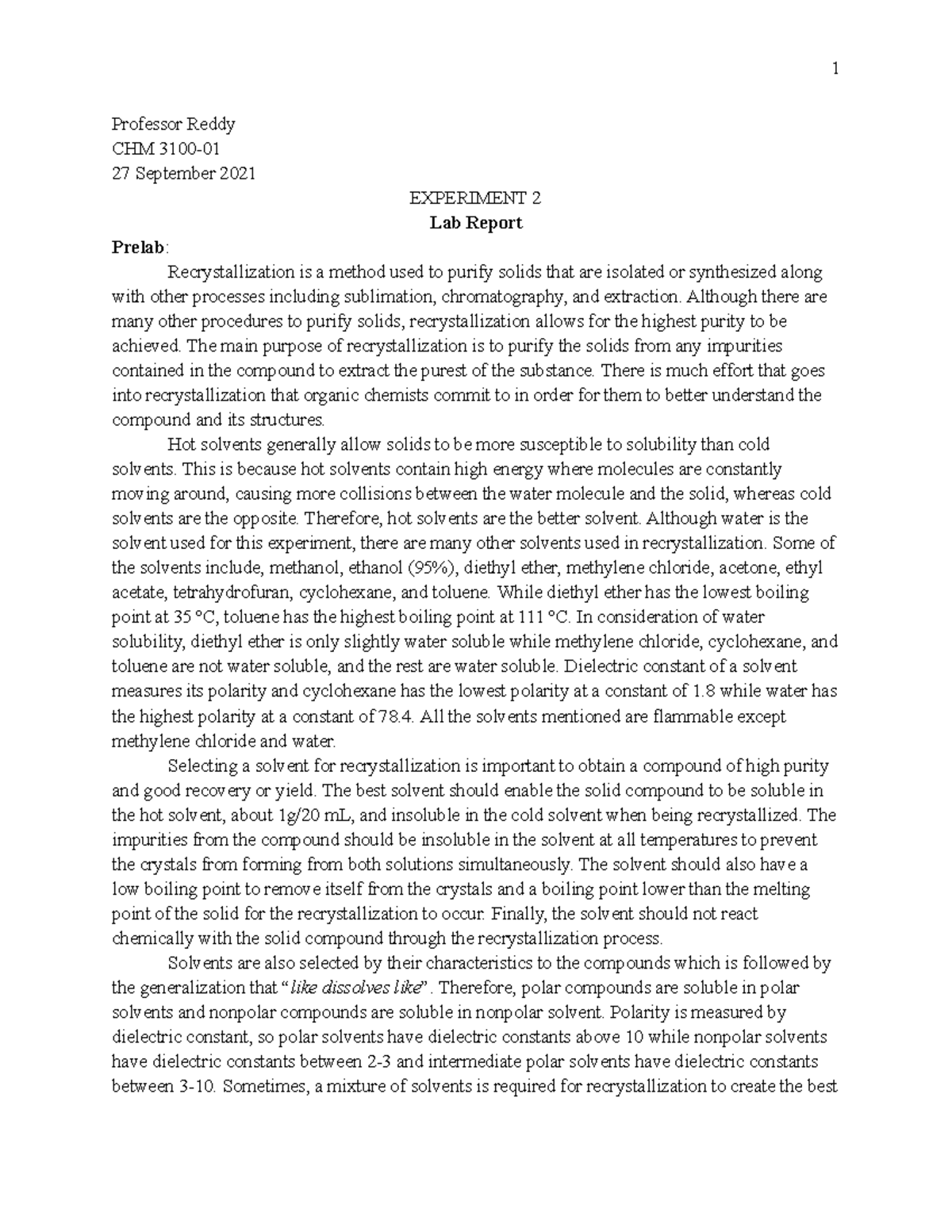 CHM 3100-01 (2) Recrystallization OF Crude Acetanilide OR Benzoic ACID ...