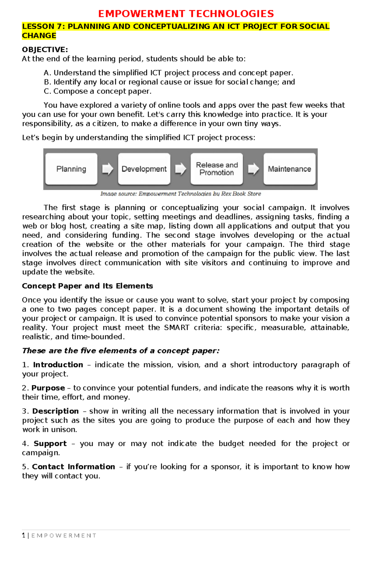 Lesson 7 - Academic notes - EMPOWERMENT TECHNOLOGIES LESSON 7: PLANNING ...
