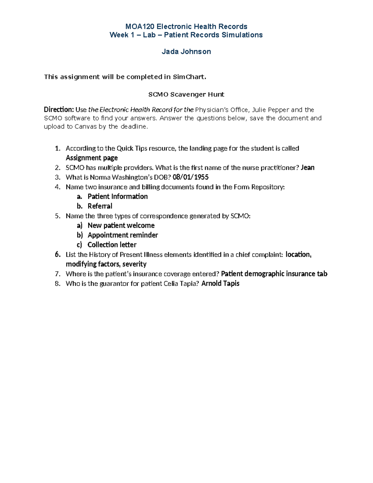 Wk1Online Lab 120 - Sim Chart. - MOA120 Electronic Health Records Week ...