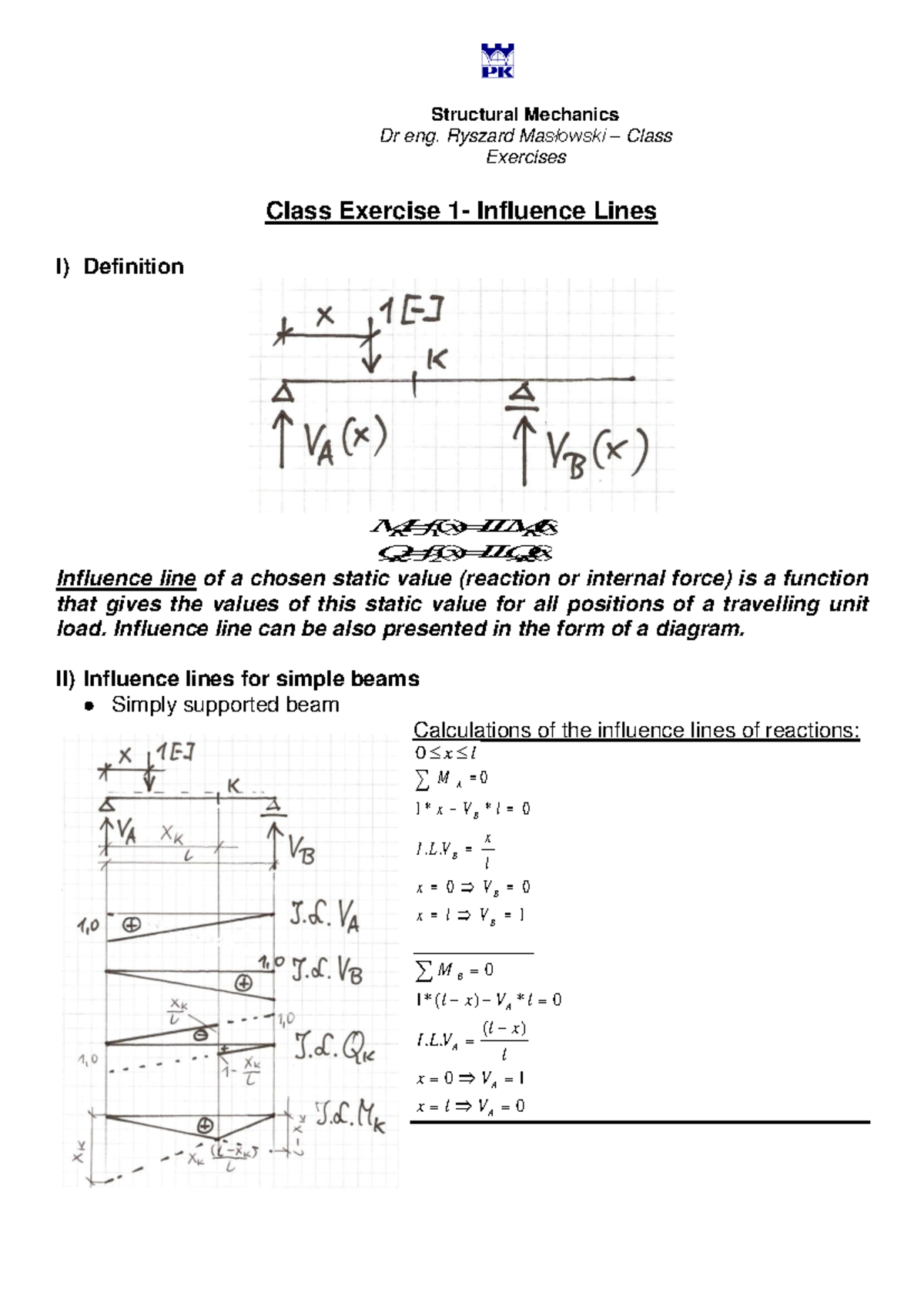 Structural Mechanics class exercise 01 RM - Dr eng. Ryszard Masłowski ...