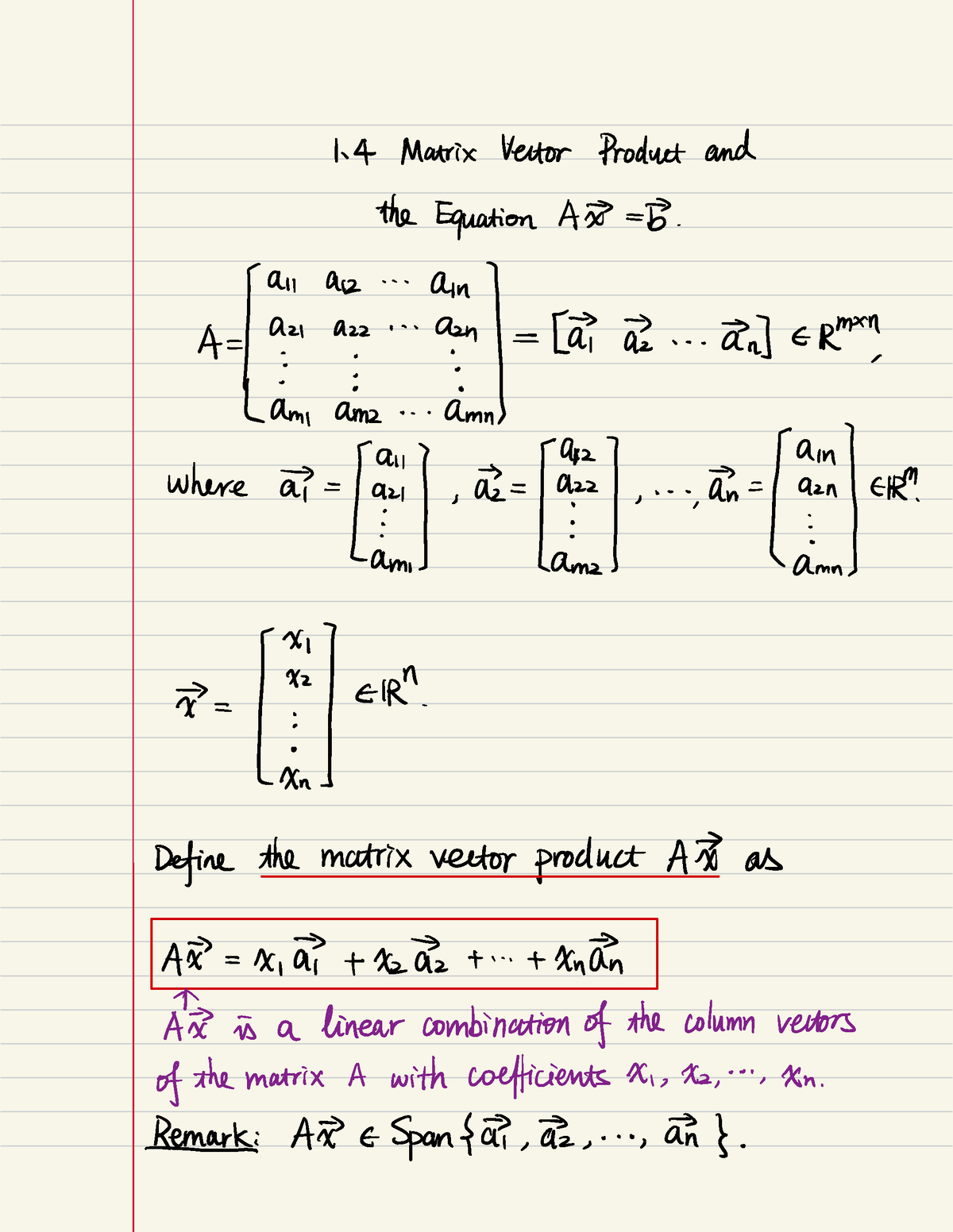 Section 1 - Matrix-Vector Product And The Equation A.(vector X ...