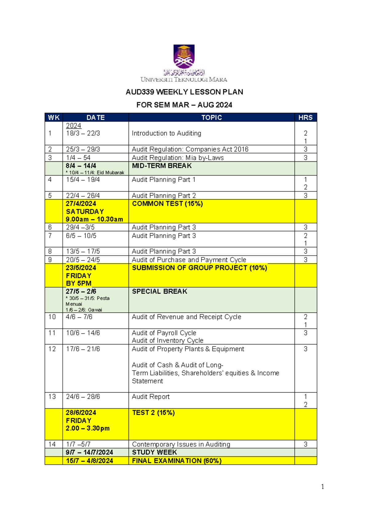 AUD339 LP Mar-Aug 2024 - AUD339 WEEKLY LESSON PLAN FOR SEM MAR – AUG ...