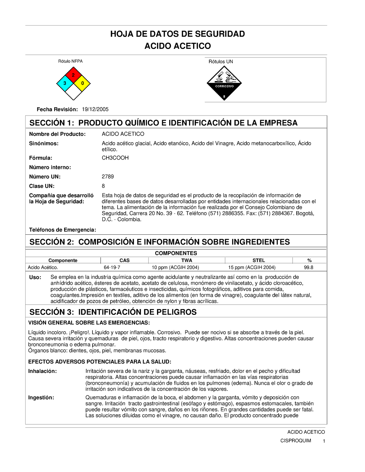 HOJA DE Datos DE Seguridad Acido Acetico HOJA DE DATOS DE SEGURIDAD   Thumb 1200 1553 